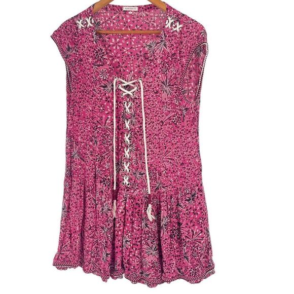 Poupette St. Barth Pink Black Cap Sleeve Tie Front Slouchy Relax Mini Dress Sml - Picture 1 of 8